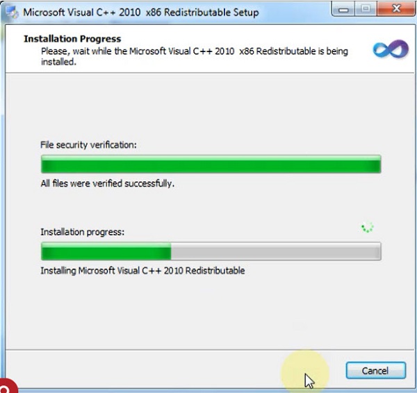 Chờ đợi quá trình cài Microsoft Visual C++ hoàn tất