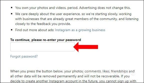 Bạn sẽ được yêu cầu nhập lại mật khẩu Instagram 