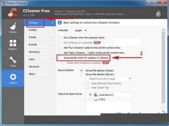 Automatically check for updates to CCleaner