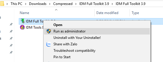 Chạy IDM Toolkit với quyền Admin