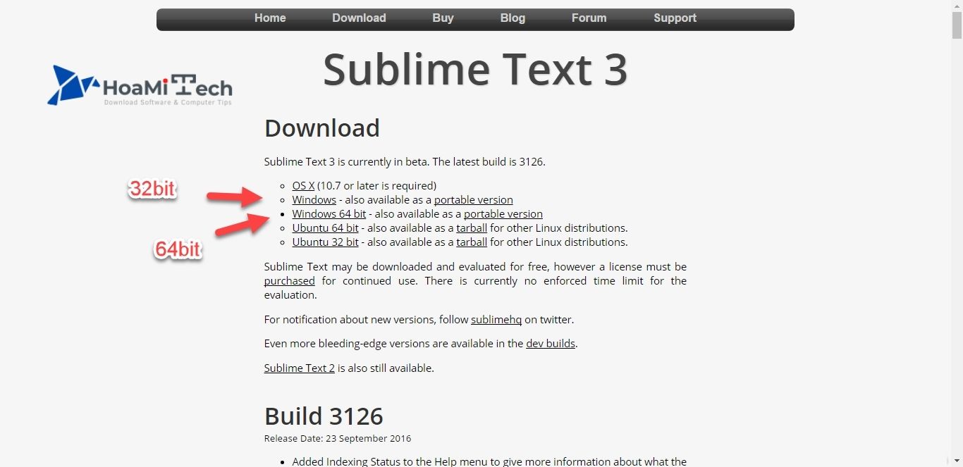 Chọn phiên bản Sublime Text phù hợp