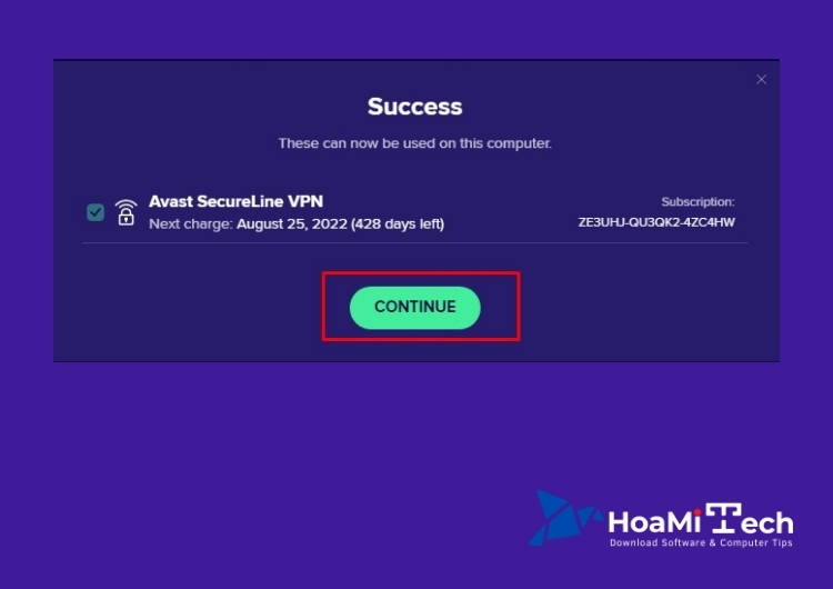 Kích hoạt key Avast Secureline VPN thành công
