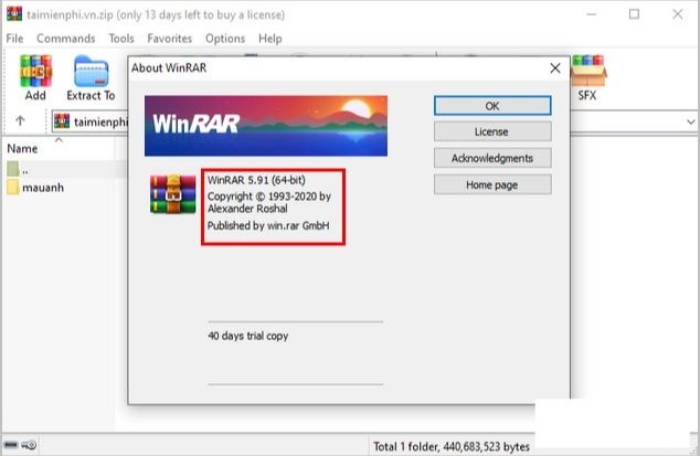 Bạn có thể nhấn vào License để xem thông tin sử dụng WinRAR bản quyền