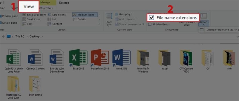 Tick vào File name extensions để hiển thị đuôi file