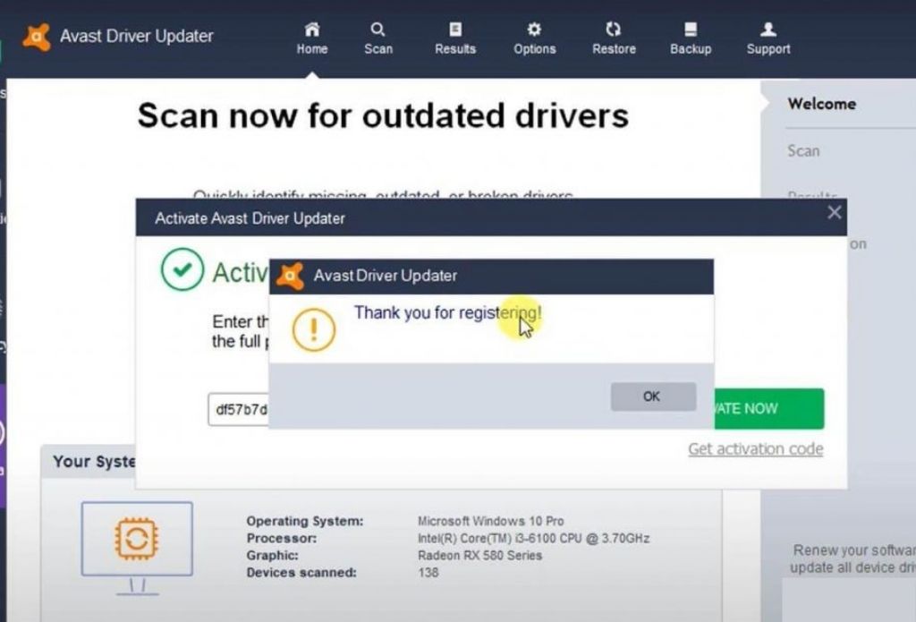 Nhận được thông báo sau khi kích hoạt Avast Driver Updater 2019 thành công