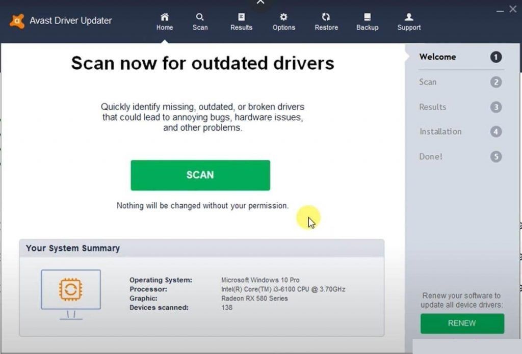 Tại giao diện chính Avast Driver Updater 2019 Chọn Renew