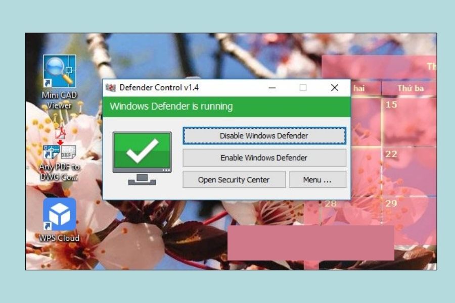 Disable Windows Defender để tắt trình bảo mật và Enable Windows Defender để bật lại