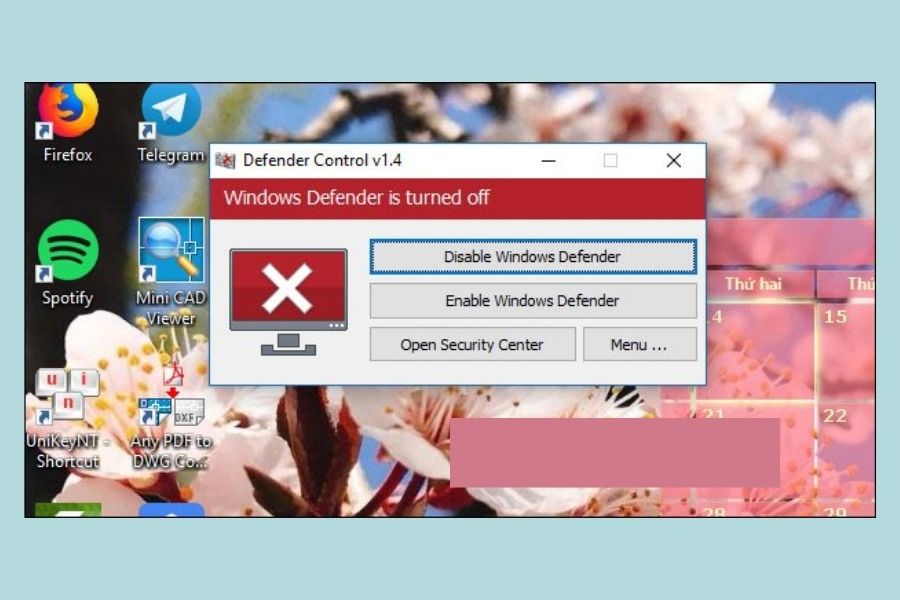 Giao diện khi Windows Defender tắt sẽ chuyển sang màu đỏ
