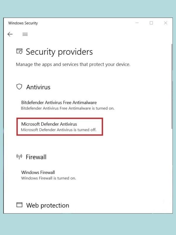 Bên dưới mục Antivirus bạn sẽ thấy Microsoft Defender Antivirus đang bị tắt