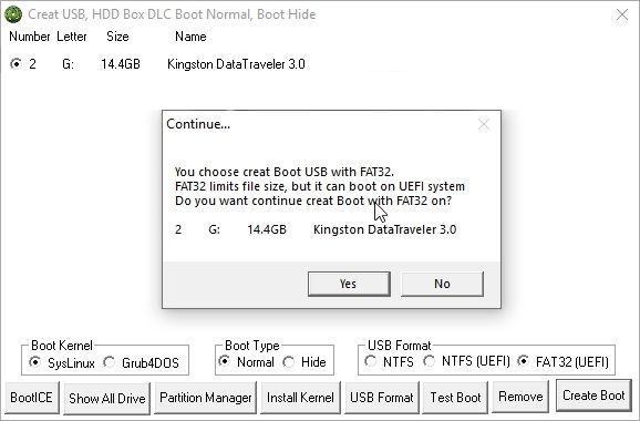 Tiếp đến nhấn Yes để tạo USB Boot