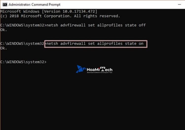 Dùng câu lệnh netsh advfirewall set allprofiles state on