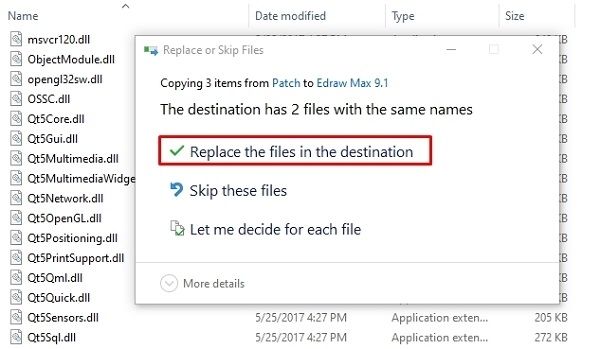 Nhấn Replace the files in the destination