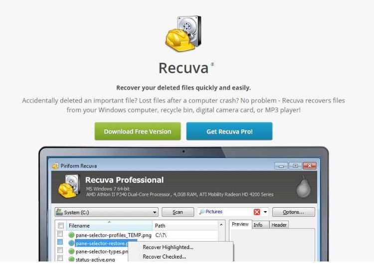 Sự khác biệt giữa hai phiên bản Recuva Free và Pro
