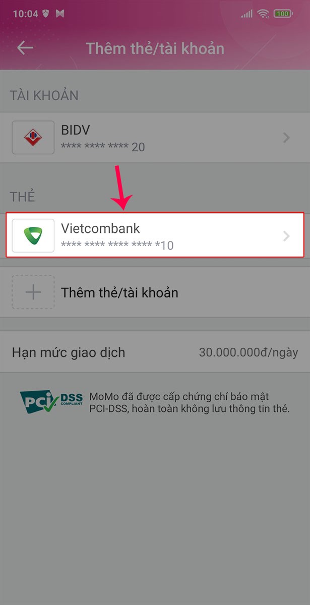 Chọn vào thẻ Vietcombank