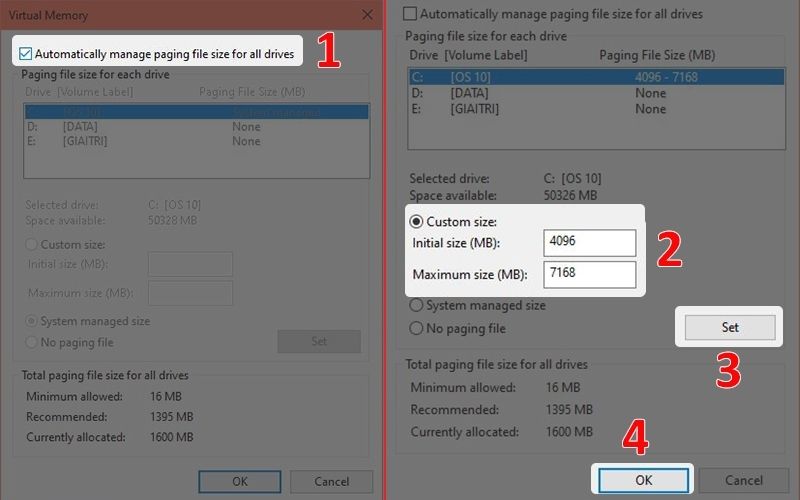 Bỏ đánh dấu ở dòng Automatically manage paging file size for all drives