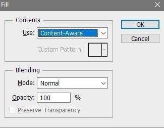 Content-Aware, Mode Normal, Opacity nhập 100%