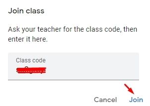 Nhập mã của lớp học do Giảng viên cung cấp sau đó click Join
