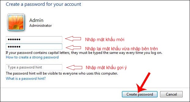 Nhập mật khẩu và nhấn Create password