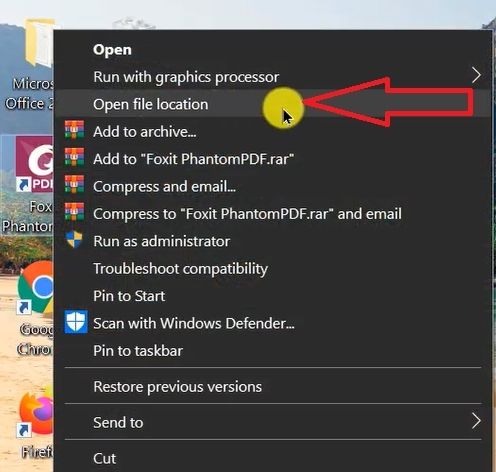 Nhấp chuột phải vào biểu tượng Foxit PhantomPDF trên màn hình Desktop và chọn Open file location