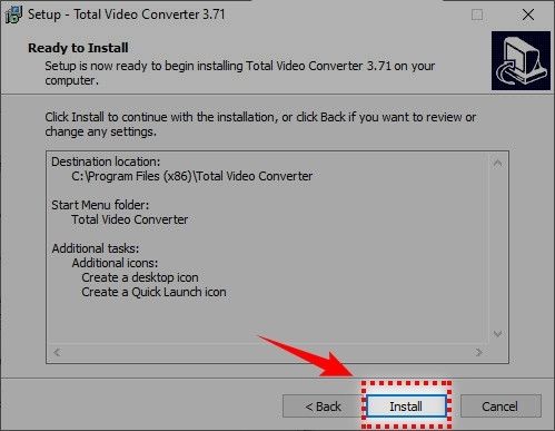 Click Install để quá trình cài Total Video Converter bắt đầu