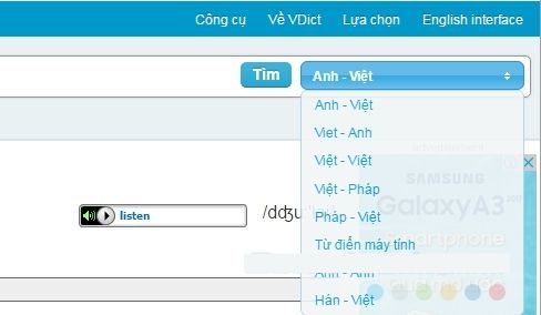 Có thể thay đổi từ điển từ Anh Việt sang Việt Pháp hoặc Hán Việt