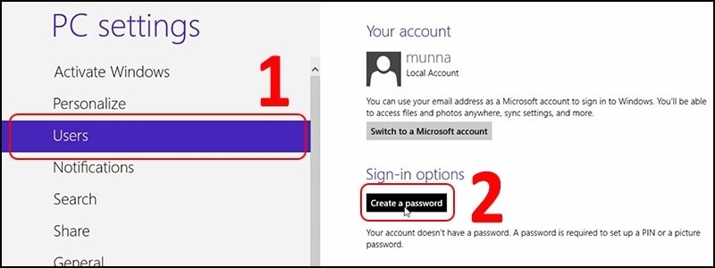 Ở mục Sign-in options chọn Create a password