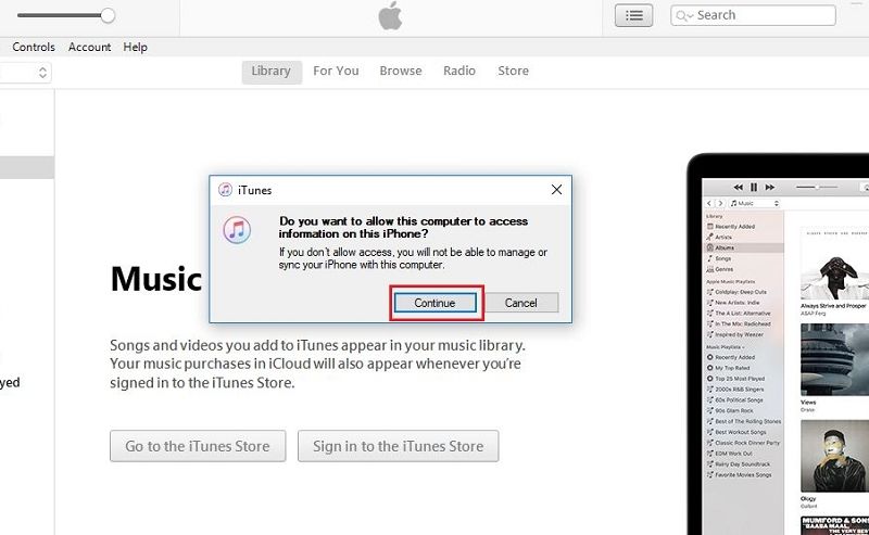 Nhấn Continue ở thông báo mới xuất hiện trên giao diện của iTunes.