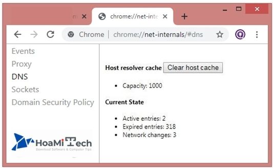 Nút Clear host cache để xóa bộ nhớ đệm Chrome.