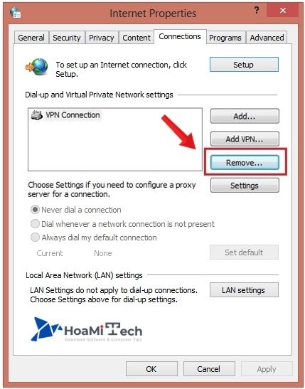 Xóa kết nối VPN bằng nút Remove