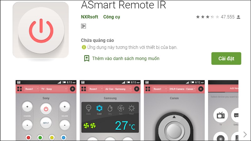 Ứng dụng điều khiển điều hòa ASmart Remote IR
