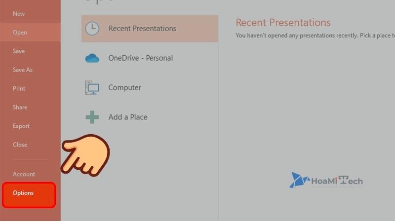 Mở Powerpoint => Chọn File => chọn Options