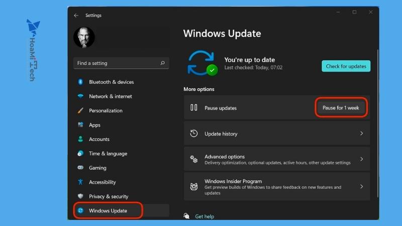 Nhấn chọn Windows Update để kiểm tra thông tin Update